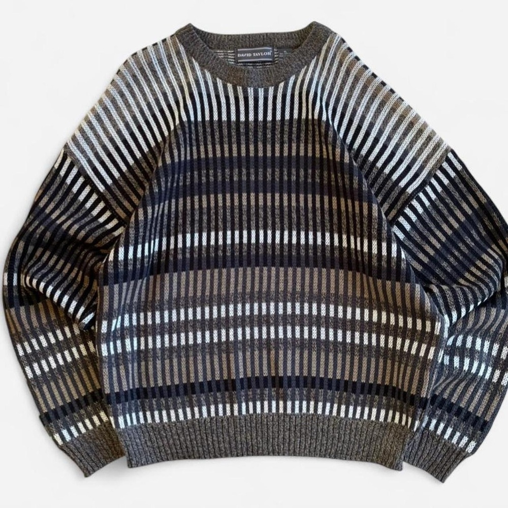 Vintage David Taylor Multicolored Knit Tan Brown Black White Striped Sweater XL